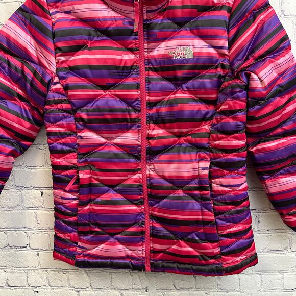 The North Face Girls 550 Down Puffer Coat Size Large 14/16 Pink Purple Stripes - Picture 3 of 12